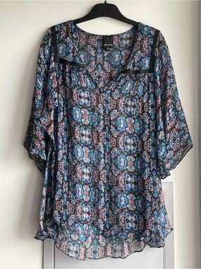 ELLA MOSS Blue Floral Print Sheer Blouse